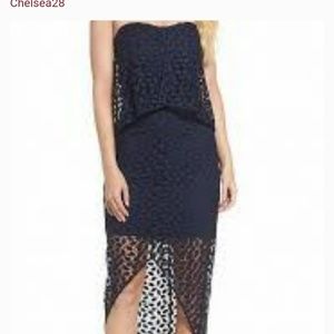Chelsea28 Navy and lace high low dress